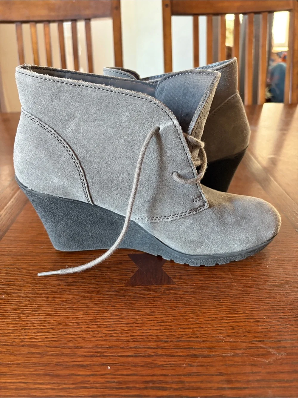 White Mountain Gray Suede Lace-Up Wedge Booties